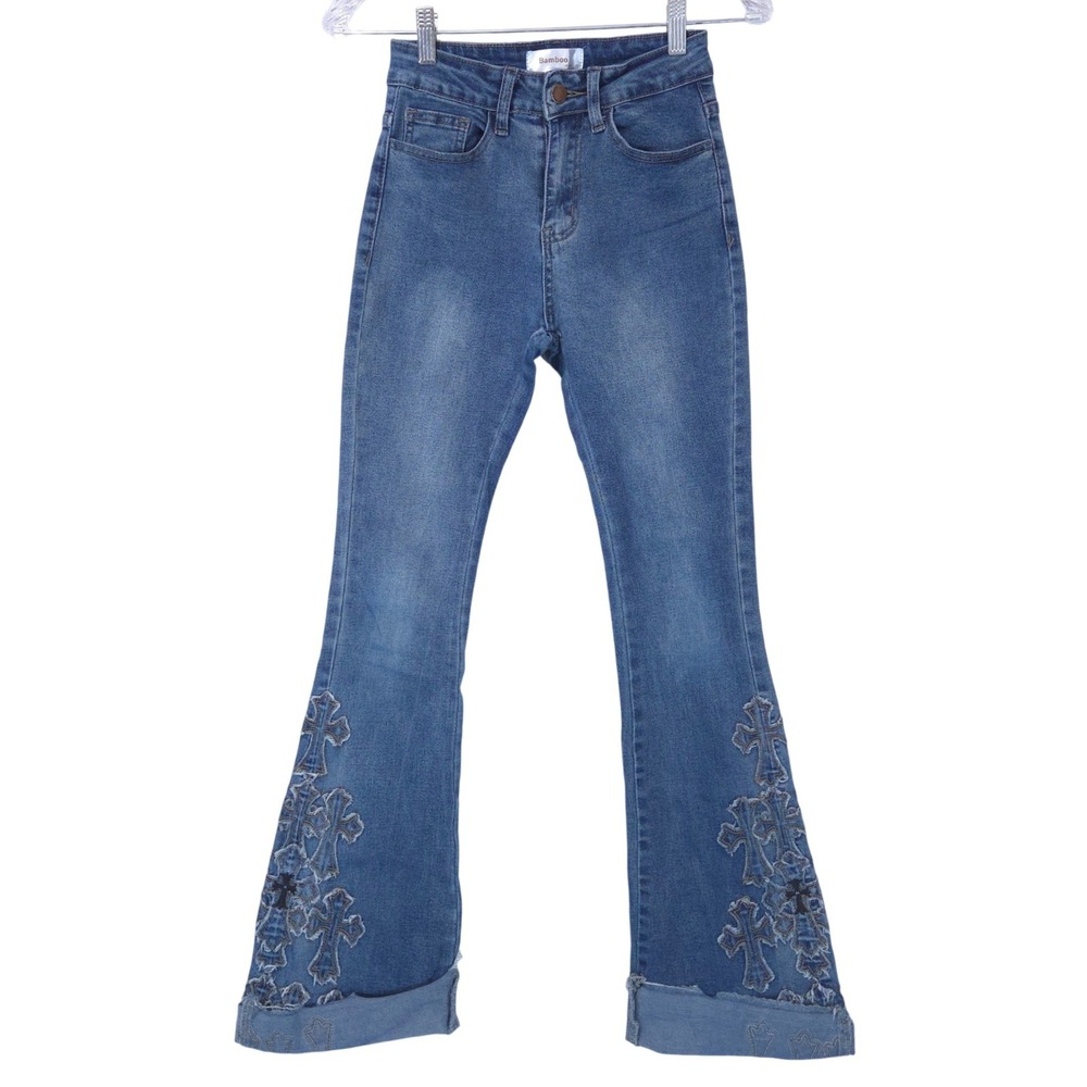 Bamboo Cross Patch Flare Jeans Womens 0 Blue Denim High Waist Gothic Y2K- READ